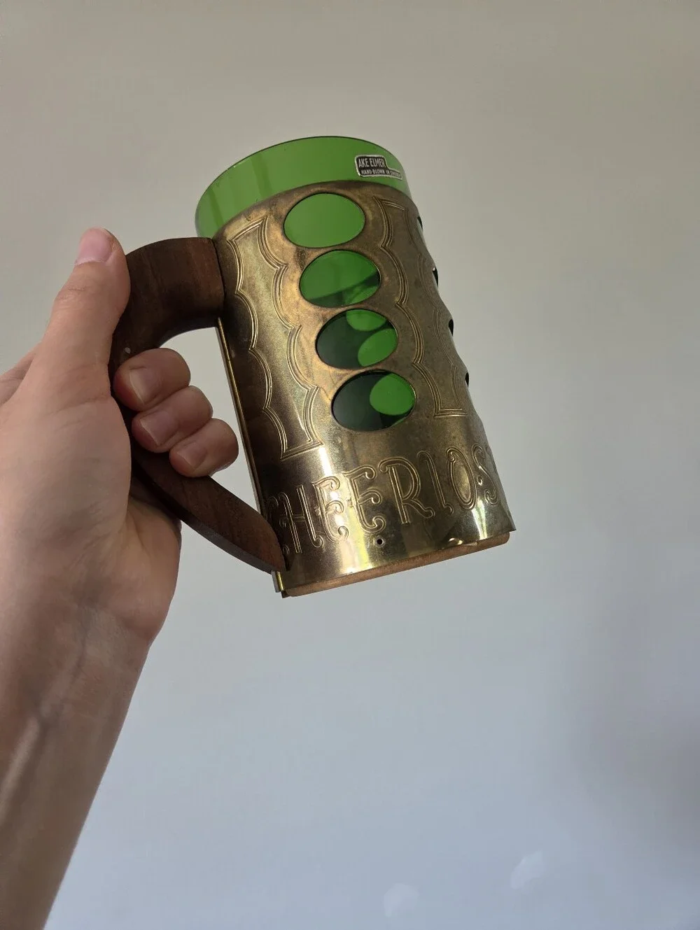 Vintage Swedish Green Glass Beer Mug Åke Elmer Hand Blown Metal Sleeve Mid-Centu